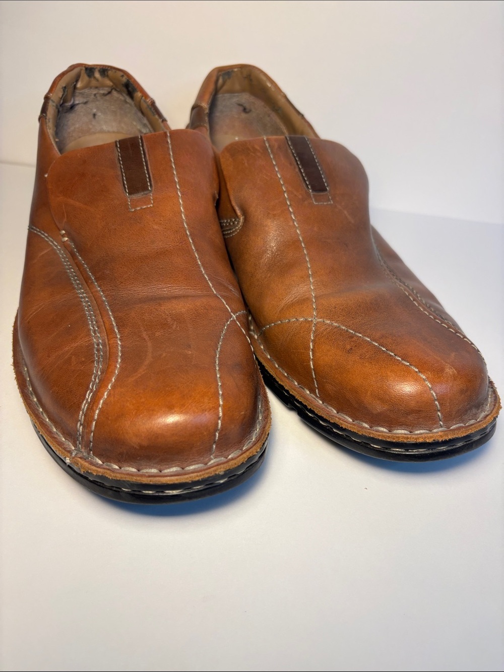 Clarks Brown Leather Slip-On Loafers with White Stitching